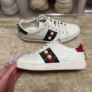 Gucci Women’s studded pearl and metal spike ace sneaker